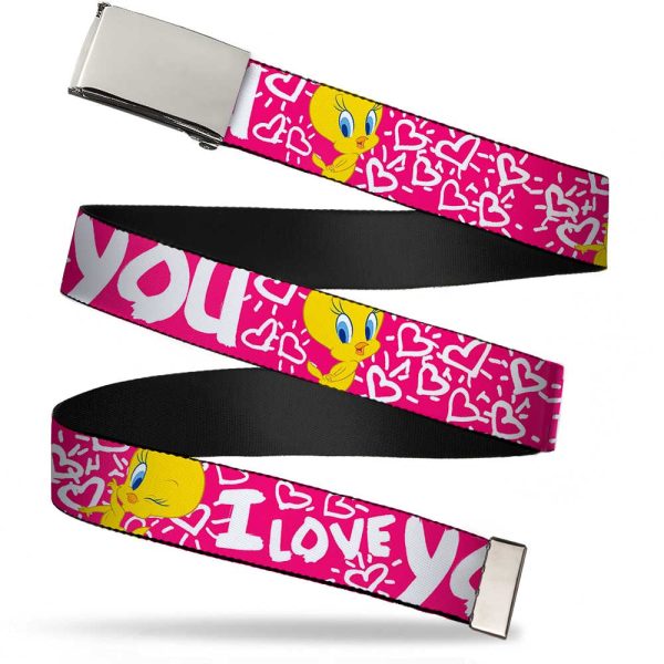 Chrome Buckle Web Belt - Tweety Bird I LOVE YOU Fuchsia White Webbing Online