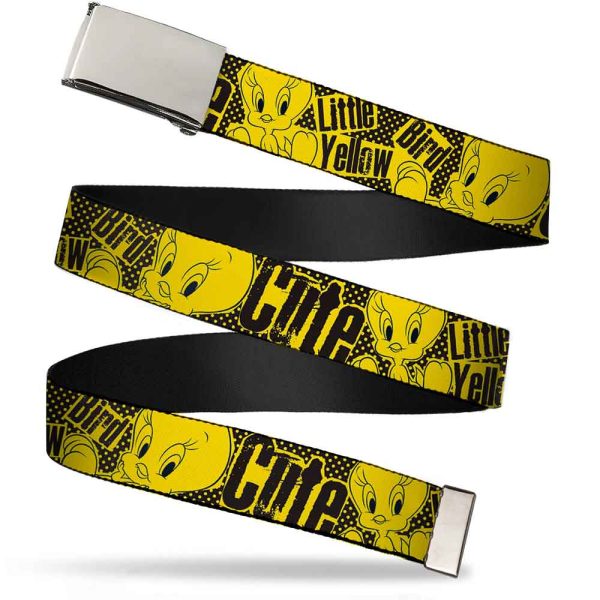 Chrome Buckle Web Belt - Tweety Bird Poses CUTE LITTLE YELLOW BIRD Yellow Black Webbing For Cheap
