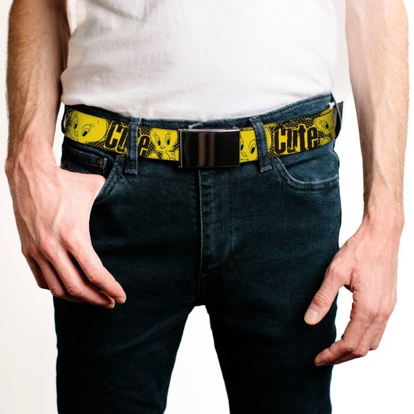 Chrome Buckle Web Belt - Tweety Bird Poses CUTE LITTLE YELLOW BIRD Yellow Black Webbing For Cheap - Image 2