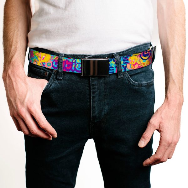 Chrome Buckle Web Belt - Tweety Bird Poses LITTLE CUTIE-LOVEABLE Blue Multi Color Webbing Online now - Image 2