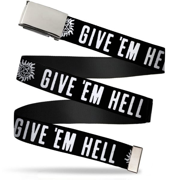 Chrome Buckle Web Belt - Winchester Pentagram GIVE  EM HELL Black White Webbing Hot on Sale